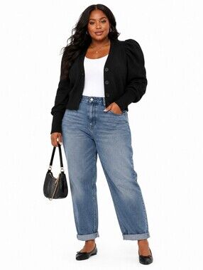 NWT Boohoo Plus Size Black Button-Front Puff-Sleeve Cardigan Size 22